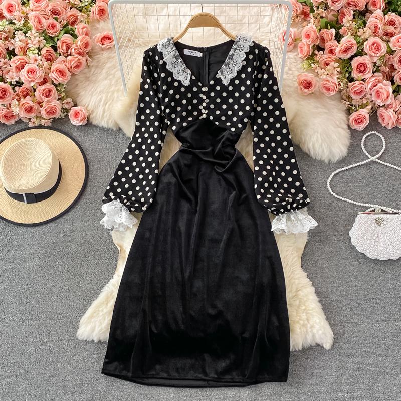 

Casual Dresses YIZZHOY Spring Autumn Women Fashion Vintage Dress Version Medium Long High Waist Slim Stitched Polka Dot Velvet, Black;gray
