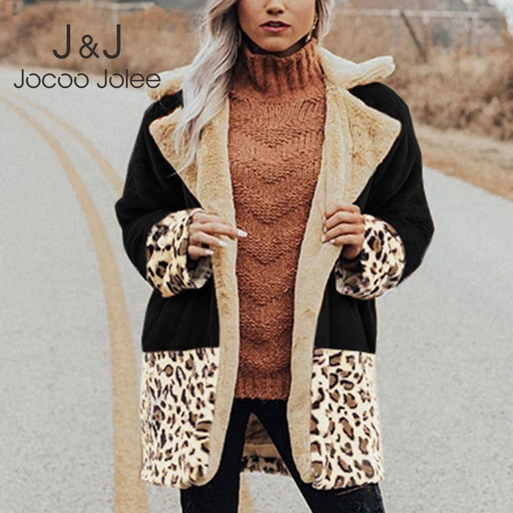 

Winter Plush Jacket Women Vintage Leopard Print Hit Color Faux Fur Coats Elegant Loose Cardigan Overcoat Warm Thick Outwear 210518, Black