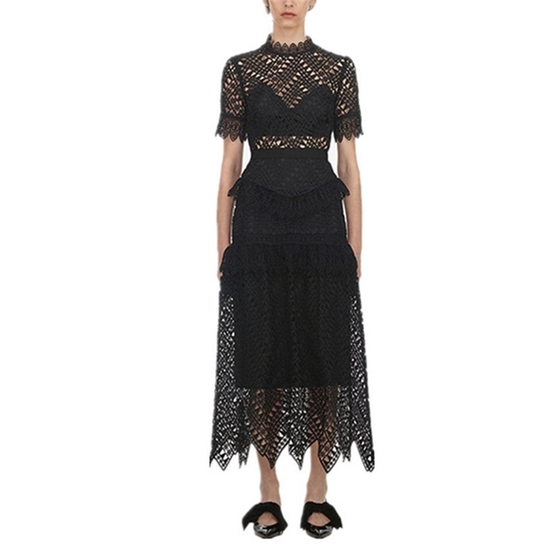 

High Quality Self Portrait Dress Runway Women Sexy Lace Crochet Hollow Out Ruffles Long Vestidos Short Sleeve Party 210603, Picture color