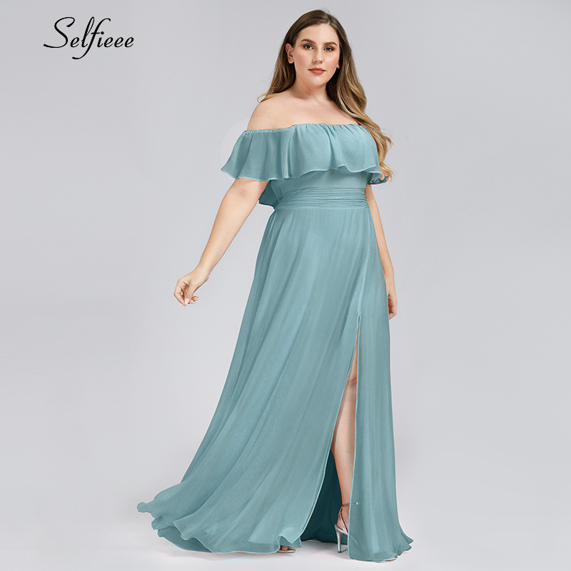 

plus size women dress s-7xl a-line ruffles off shoulder side split chiffon formal dress elegant long party dress vestidos 2021, Black;gray