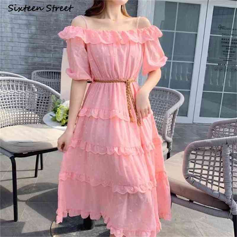 

Pink Summer Dress Woman Slash Neck Runway Design Vintage es Clothing Ruffles Lantern Sleeve Party Female Luxury 210603, Brown