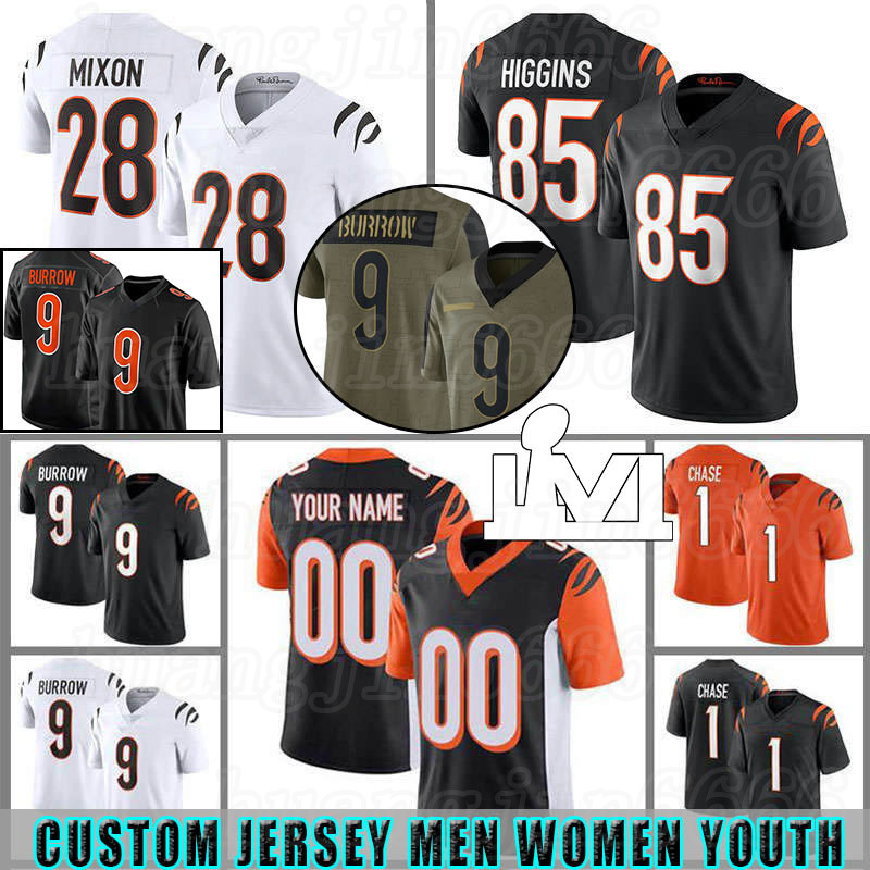 

custom 9 Joe Burrow Ja'Marr Chase Evan McPherson Tee Higgins Jessie Bates III Football Jersey Joe Mixon Sam Hubbard Bengals''Men Tyler Boyd, Custom youth+patch (menghu)