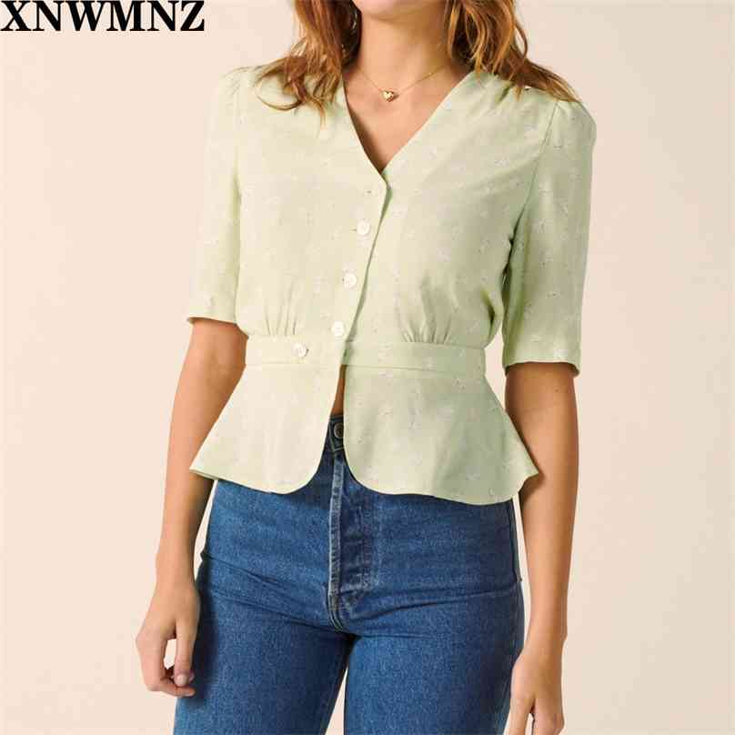 

France Green Grandma Flower Bouquet Print blouse Fashion Center Buttons Women Elegant summer tops 210520
