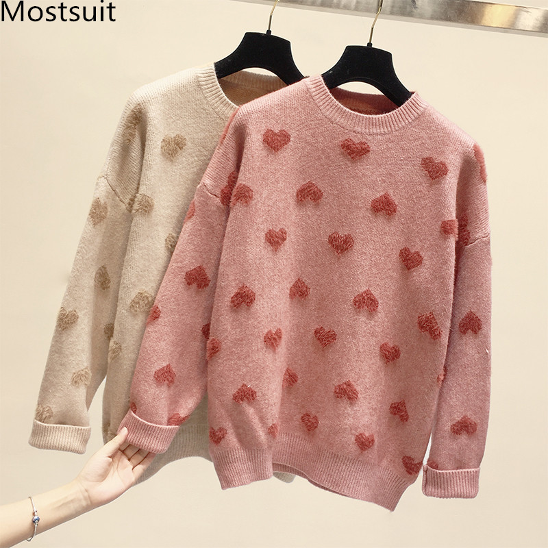 

Autumn Knitted Heart Sweaters Tops Women Long Sleeve O-neck Loose Fashion Casual Korean Ladies Pullovers Femme 210518, Blue