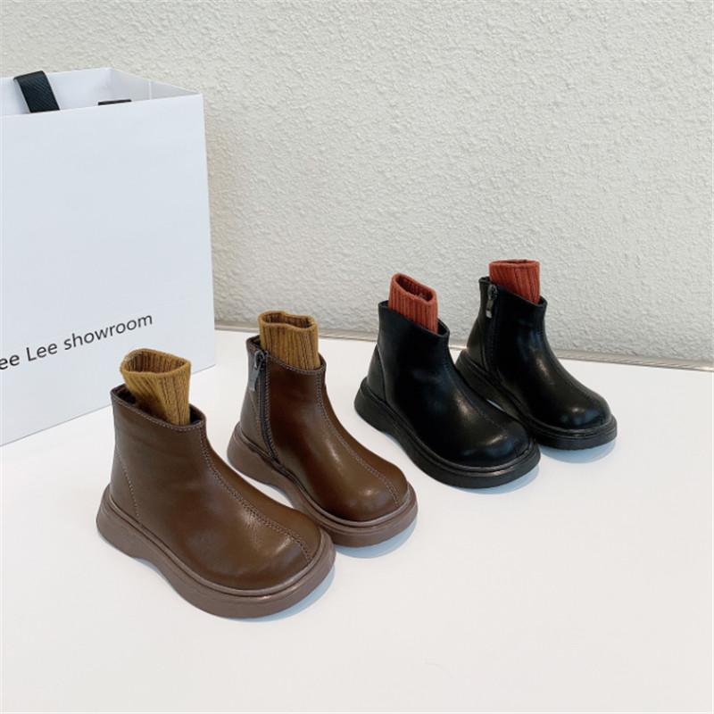 

Boots 2021 Winter Children Leather Warm Plush Boys Shoes Rubber Sole Ankle For Girls Fashion Toddler Baby, Black;grey