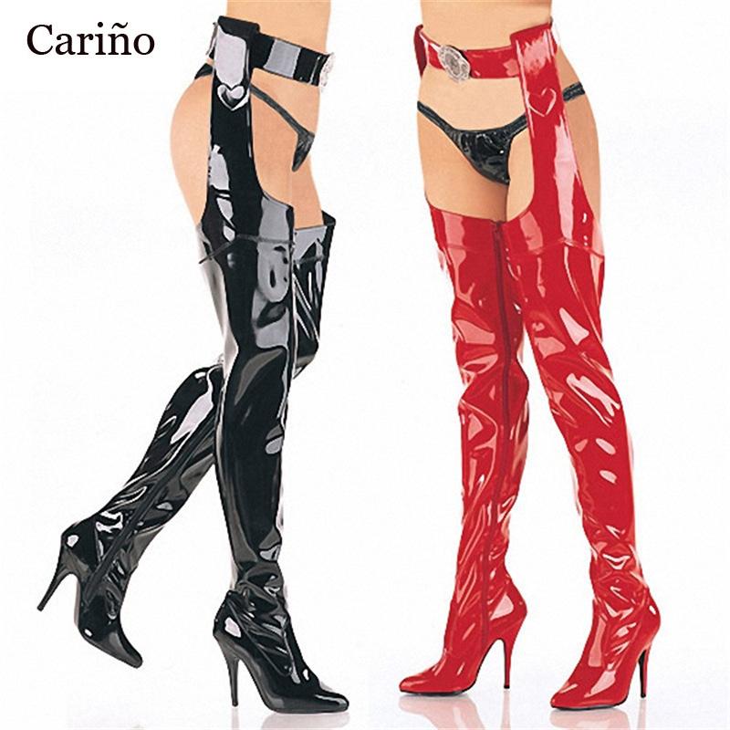 

Boots Sexy 13cm High Heel Half-Length Women's Patent Leather Buckle Thigh Side Zip Stage Catwalk 34-46, Black