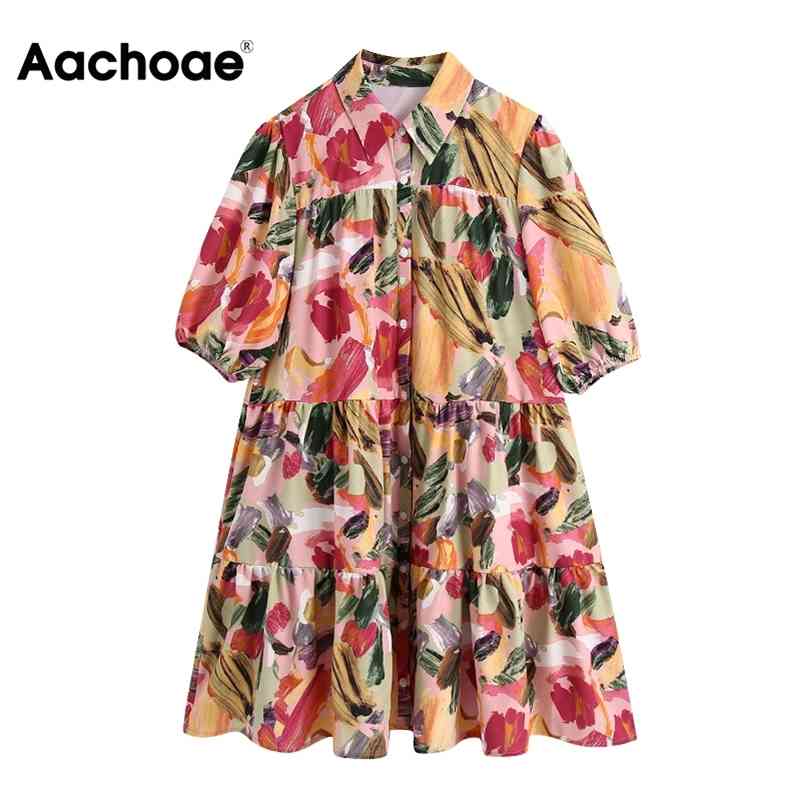 

Aachoae Women Vintage Printed Mini Dress Summer Puff Short Sleeve Chic Dresses Turn Down Collar Loose Shirt Dress Vestidos 210630, Print
