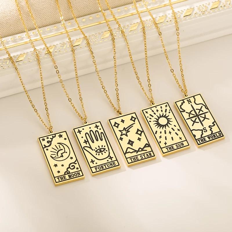 

Chokers 2Styles Fashion Vintage Amulet Retro Divination Women's Gift Jewelry Star Moon Sun Patterns Stainless Steel Tarot Card Necklaces