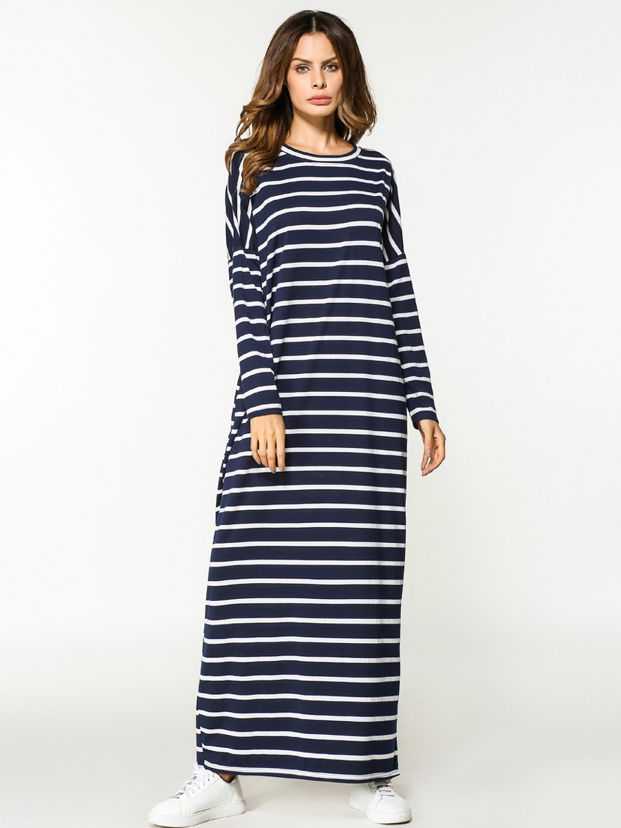 

Elegant Striped Muslim Dress Women Long Sleeve Maxi Dresses Kimono Kaftan Worship Service Tunic Middle East Arab Islamic Clothes