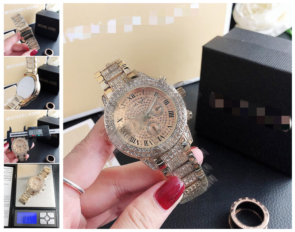 

012 michaelmkkors Fashion designer Diamond Watches women Girl Big letters women Clock Wristwatch steel band watch Quartz watch men, Black;brown
