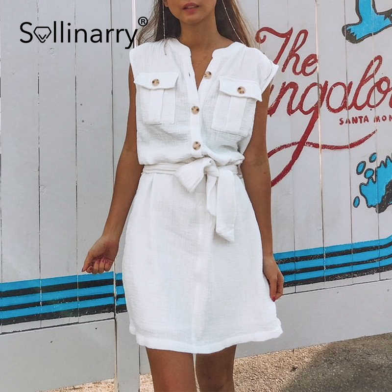 

Sollinarry Elegant Summer Sleeveless Dress Office Ladies Buttoned Lace-up Dress Casual White Cotton O-neck A-line Vestidos 210709