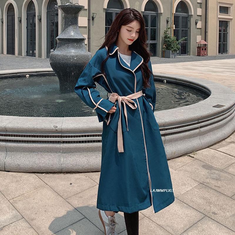

Women' Trench Coats Spring Hit Color Full Sleeve Slim Coat Women Pink With Belt Long Thin Simple Casual 2021 Autumn Fashion, Blue