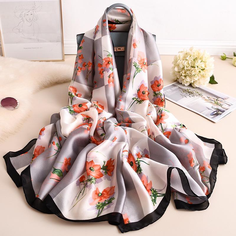 

Scarves Luxury Print 180X90CM Winter Sunscreen Silk Bandanna Autumn Dustproof Beach Towel Floret Travel Satin Shawls, Blue;gray