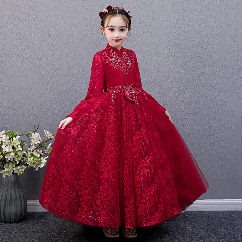 

Girl's Dresses Flower Girl Dress Illusion Appliques Sequined High Beading Embroidery Princess Floor-Length Tulle Lace Full Kids Party Gown H, Red