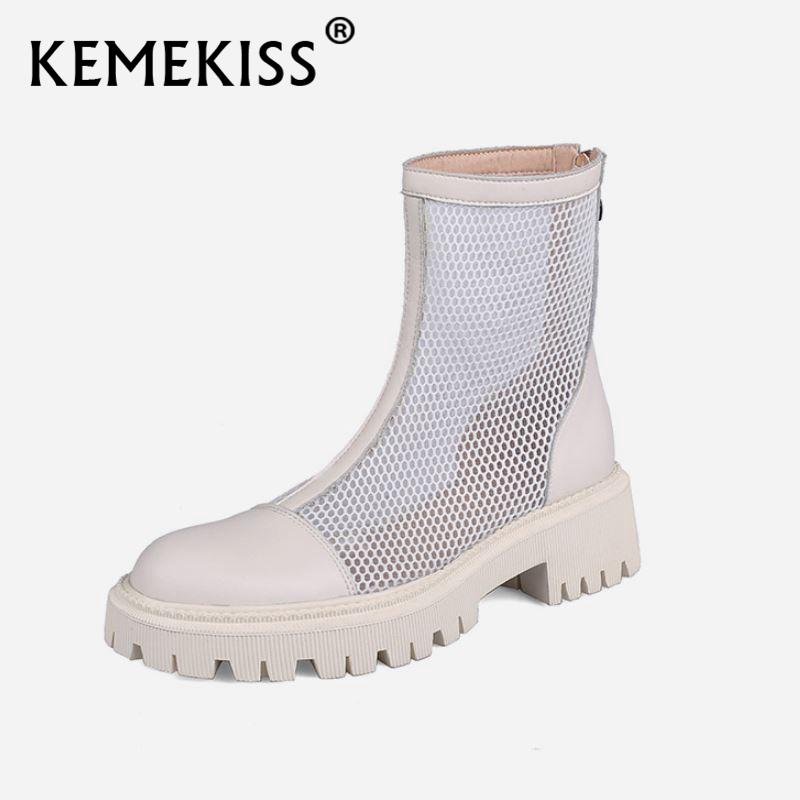 

Boots KemeKiss Summer Women Fashion Real Leather Round Toe Zipper Hollow Out Pumps Square Heel Solid Female Footwear Size 34-41, Black