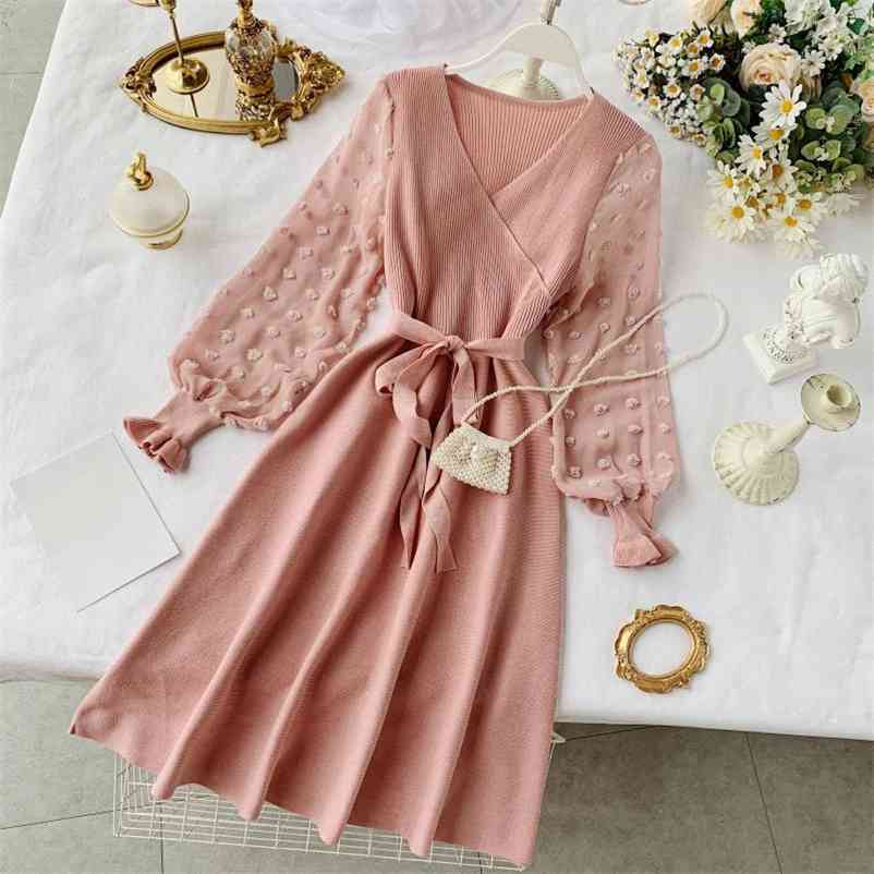 

Autumn Knitted Dress Women Sashes Lantern Sleeve V-neck A-line Dresses Female Casual High Waisted Chiffon Patchwork Vestido 210524, Black
