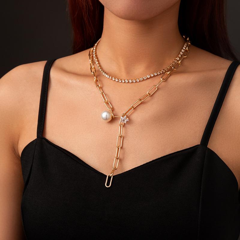 

Chokers Europe And America Cross Border Coarse Plaid Chain Pearl Necklace Ins Cold Wind Claw Multi-Layer Ornament Women