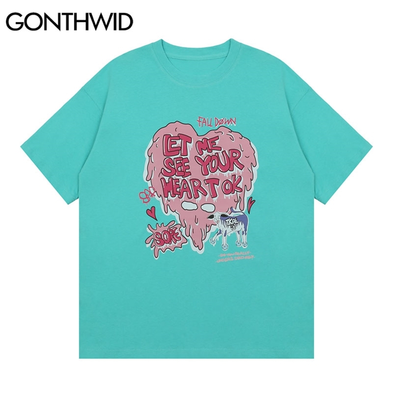 

Tee Shirts Harajuku Graffiti Love Cow Print Tshirts Hip Hop Fashion Streetwear Casual Cotton Loose Summer Tops 210602, Green