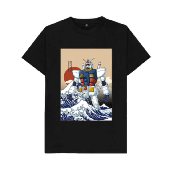 

R1 Gundam Great Wave Kanagawa Japanese Robots Art Mashup Black T-Shirt S-6XL M01, White;black