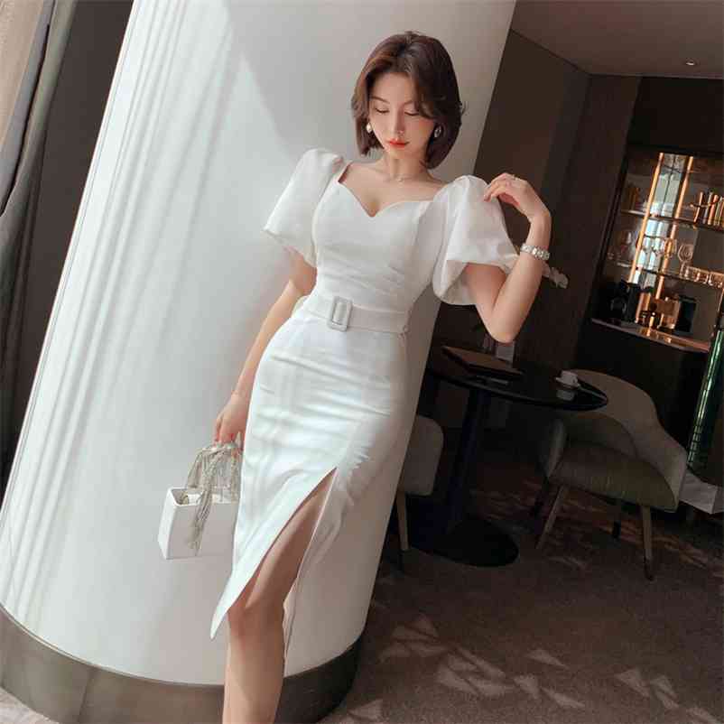 

fall ladies temperament sexy V-neck halter slim fit hip dress with slits Sheath Office Lady Polyester Knee-Length 210603, White