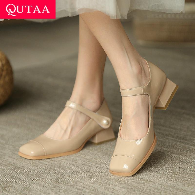 

Spring Autumn Square Med Heels High Quality Genuine Leather Women Shoes Toe Hook&Loop Female Pumps Size 34-41 Dress, Black