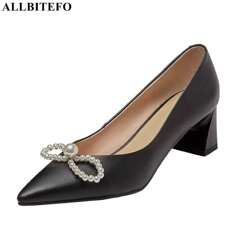 

ALLBITEFO genuine leather sweet Pearl brand high heeels wedding women shoes thick heels women high heels shoes high heel shoes 210611, As picture