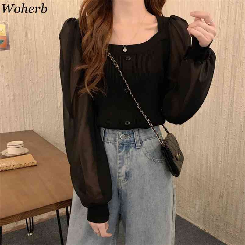 

Vintage Summer Knitwear See Through Long Sleeve Tops Blusas Korean Casual Fashion Solid Blouse Shirt 210519, Apricot