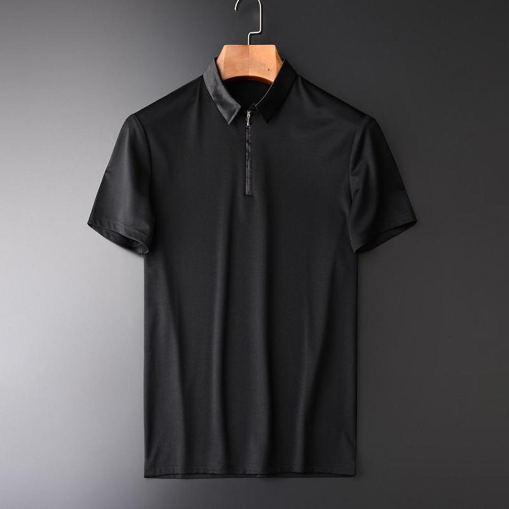 

Minglu Silky Fabric Fashion Turn Down Collar Short Sleeve T-shirts New Arrival Front Zipper Design Men's T-shirts Plus Size 4XL, White;black