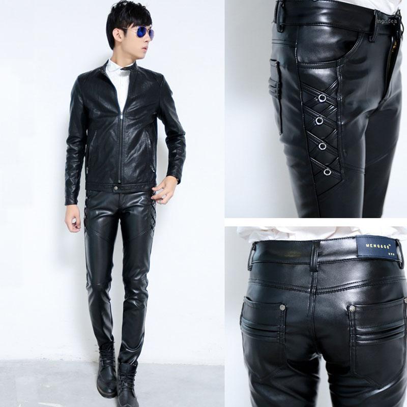 

Mens Elastic Faux Leather Pants PU Motorcycle Ridding Black Slim Fit Trousers For Male