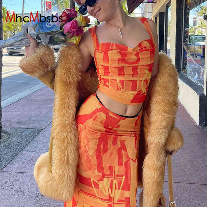 Two Piece Dress 2 Set Women Strap Tank Top Printed Color Blocking Midi Skirts Evening Party Skirt Suits Elegant Outfits 2021Summer-image-700294326