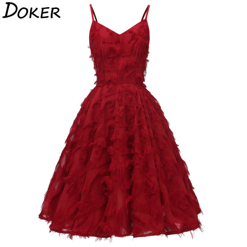 

Elegant Spaghetti Strap Evening Party Dres Sexy V-neck Off The Shoulder Tassel es Ladies Red A-line Midi 210604