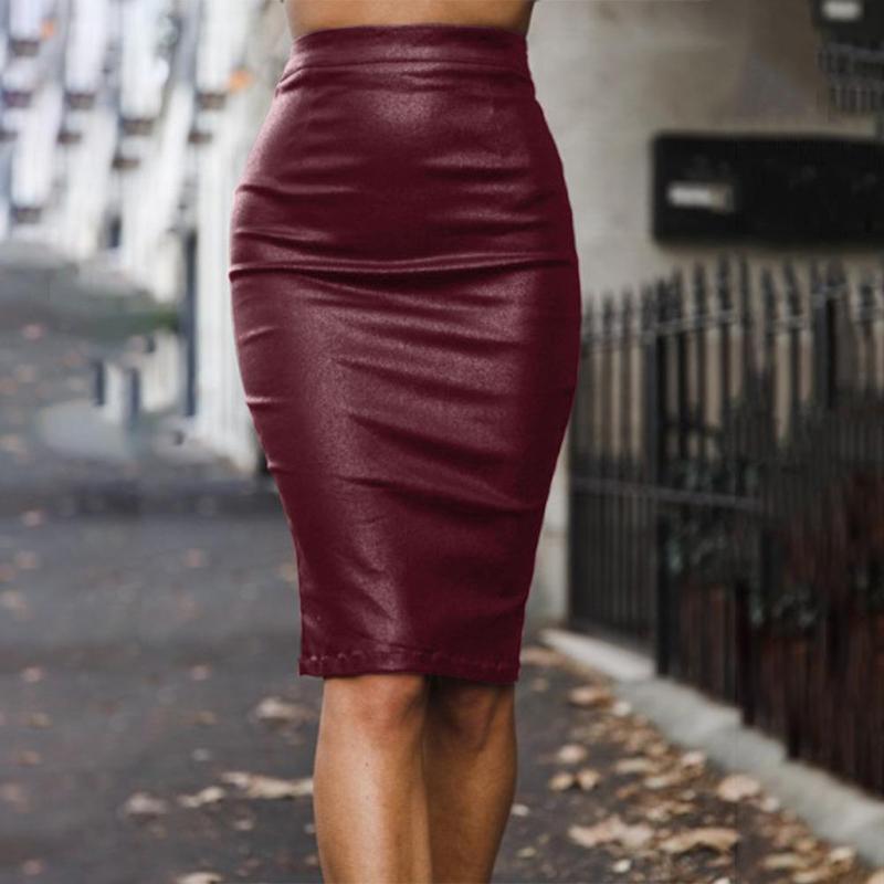

Skirts Women Sexy High Waist Back Slit Zipper Faux Leather Bodycon Midi Pencil Skirt 2021, Grey