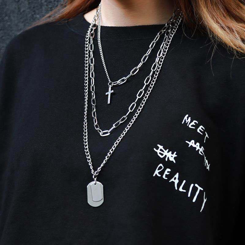 

Multi-Layer Chain Necklace Punk Cross Geometric Pendant for Women Men aesthetic Choker Chains Hip Hop Goth Jewelry Gift, Silver
