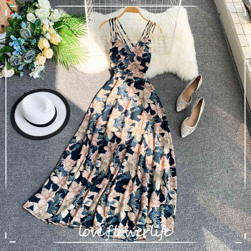 

Summer Women Floral Print Long Dress V-neck Backless Strape Dresses Female Elegant Bohemian Party Maxi Dress Vestido 210521, Black