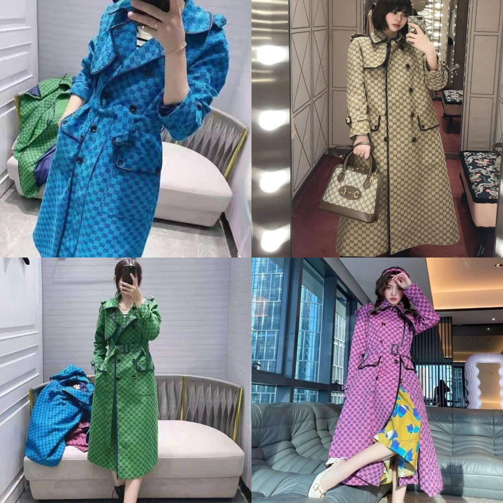 

21ss 4colors Spring Autumn Women's Trench Coats Long Fashion Windbreaker Embroidery Letters Print Buttons Lace up Outerwear Casual Slim, Tan;black