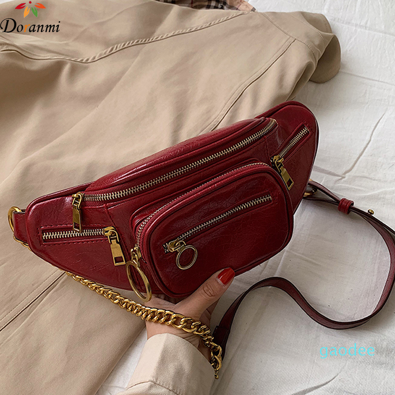 

Designer-Waist Bags DORANMI PunK Style For Women 2021 Leather Zipper Crossbody Chest Bag Female Chain Nerka, Black