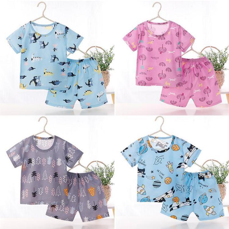 

Clothing Sets Baby Short-sleeved Suit Summer Thin Boys Girls Cotton Air-conditioned Home Service Children's Pajamas Clothes, White
