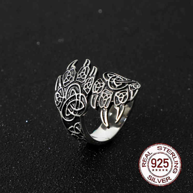 Delicate Ring 925 Sterling Silver Viking Celtic Knot Bear Claw Adjustable As Gift with Vintage Wood Box-image-710166053