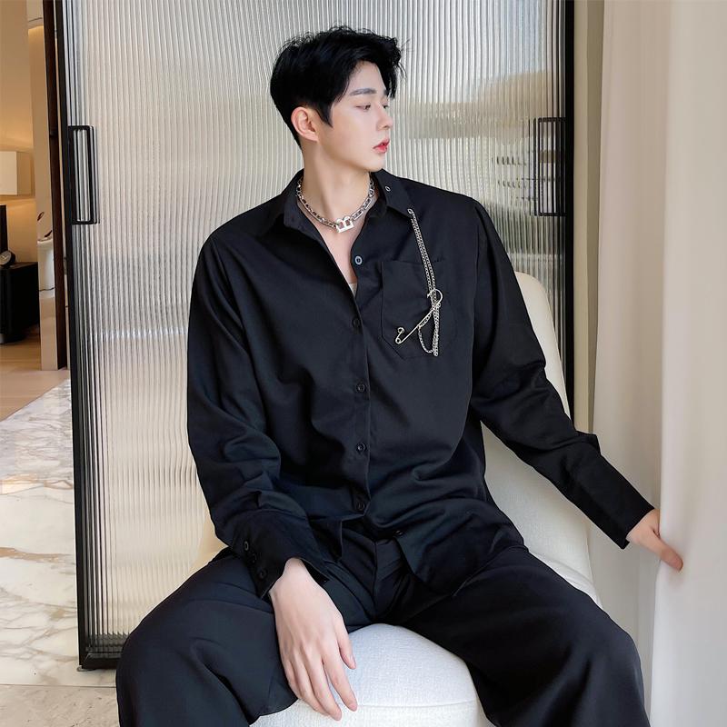 

Spring Dark Streetwear Japanese Black Male Personality Long-sleeved Shirt Hip-hop Chain Turn-Down Camisa Masculina Men's Casual Shirts