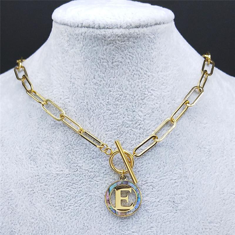 

Pendant Necklaces Stainless Steel Abalone E Letter Chain Gold Color Round Necklace Jewelry Collier Acier Inoxydable N7001ES01