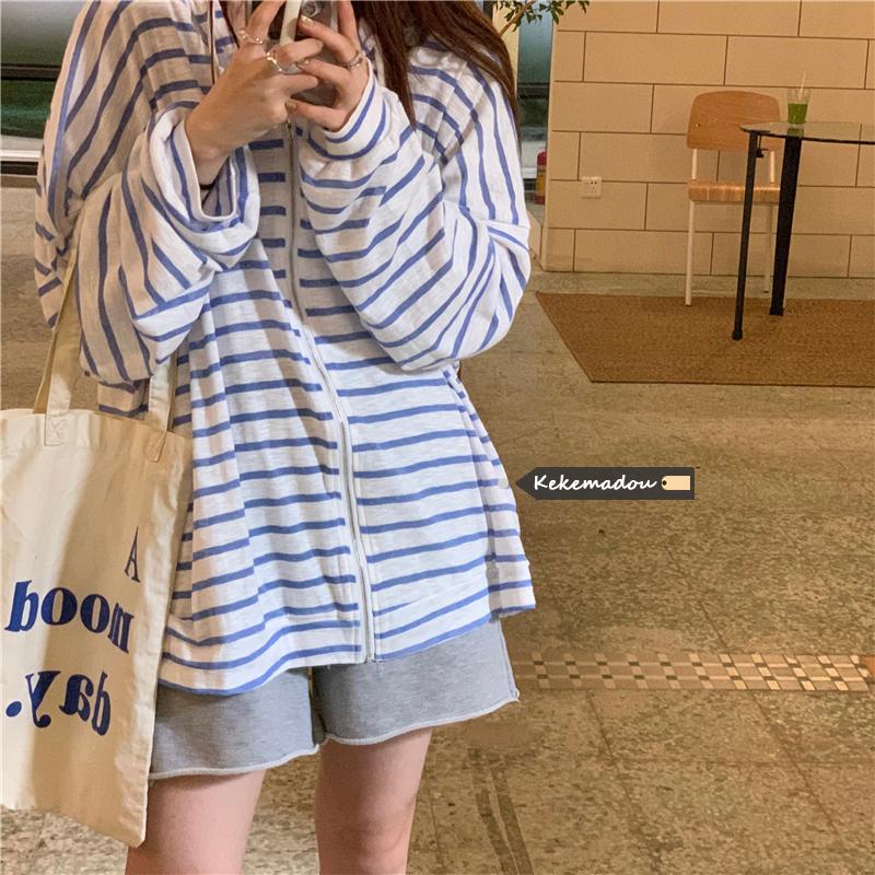 

Women's Hoodies & Sweatshirts Women Hoodie Summer Stripe Thin Classic Long Sleeves Sweatshirt Sun Protection Loose Zip Simple Korean D, As picture
