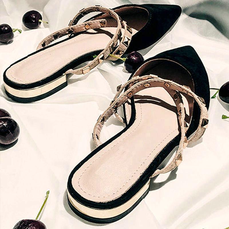 

Sandals Summer Women Shoes Style Brand Sandal Pointed Toe Rivet Slippers All-match Metal Buckle Leather Flat, Black