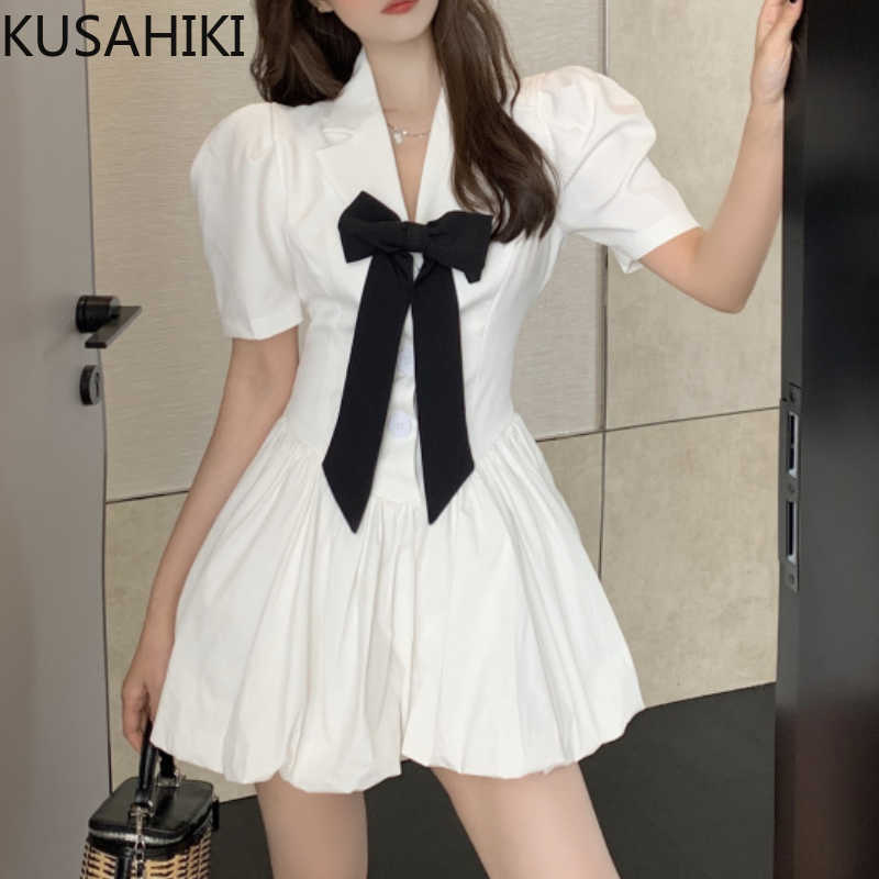 

KUSAHIKI Korean Bow Tie Notched Collar Dresses Elegant Slim Waist Puff Sleeve Women Dress Summer A-line Vestidos 6G899 210602, White