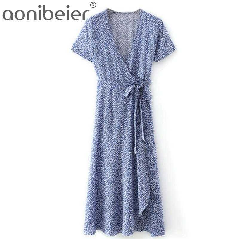 

Summer Women Flowers Print Chic French Style Bow Short Sleeve Ladies Midi Dress Vestidos Fashion Urban Going Out 210604, Blue