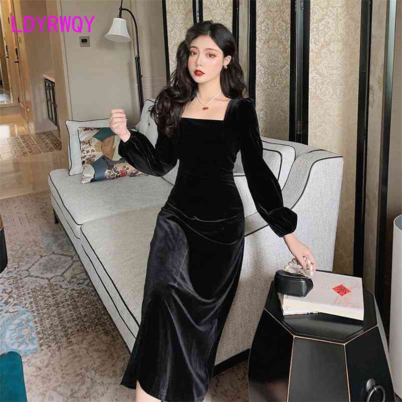 

French style retro mid long square neck velvet dress for women Office Lady Zippers Knee-Length 210603, Black