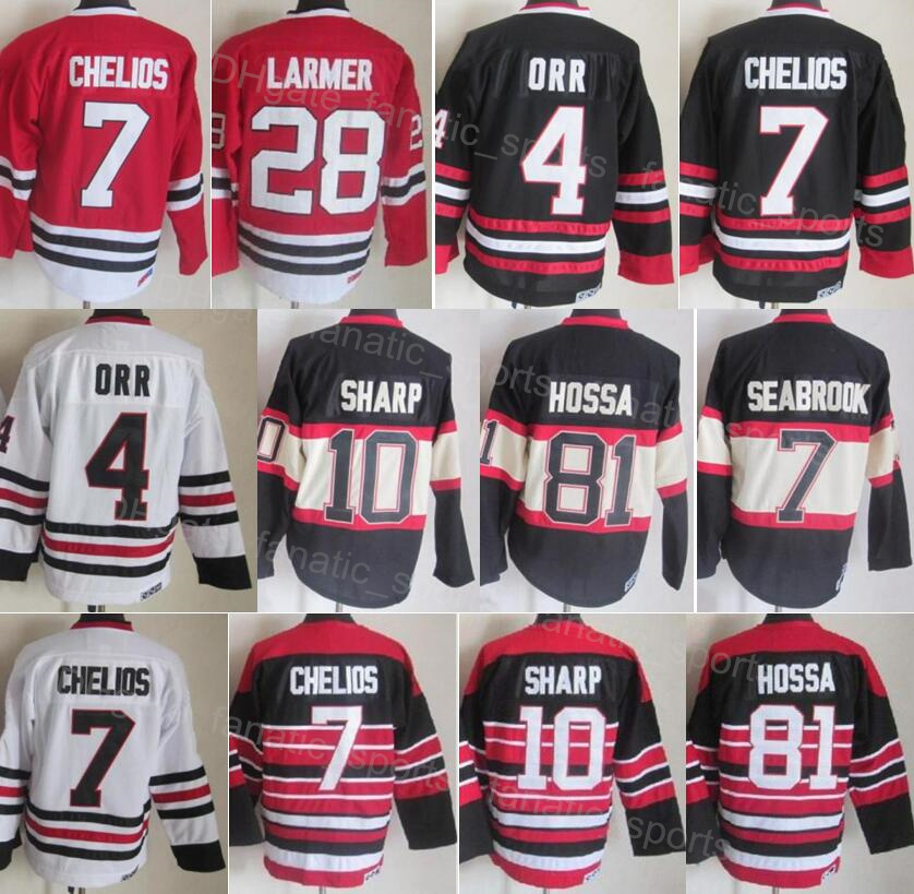 

Men Retro Ice Hockey Vintage 28 Steve Larmer Jersey 88 Patrick Kane 4 Bobby Orr 7 Chris Chelios 10 Patrick Sharp 81 Marian Hossa For Sport Fans Black Red White HeiYing, 4 white