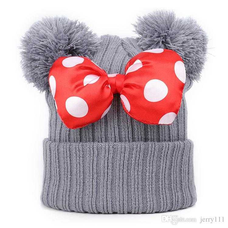 Baby Pom Pom beanie cap Toddler Kids Baby Girls Winter Warm Crochet knitted hat Bow Fur bow hat Wholesale JY820