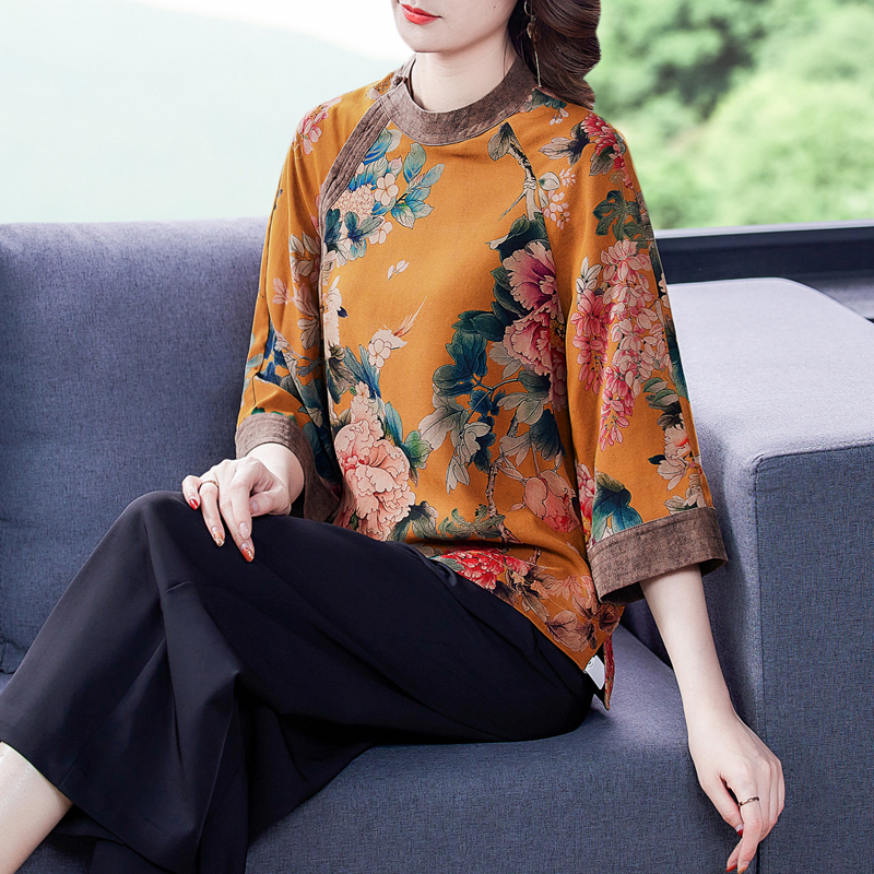 

2021 New Spring and Autumn Chinese style Artificial-silk Women Blouse O-neck Three quarters Sleeve Peony Print Elegent Shirt, Brown
