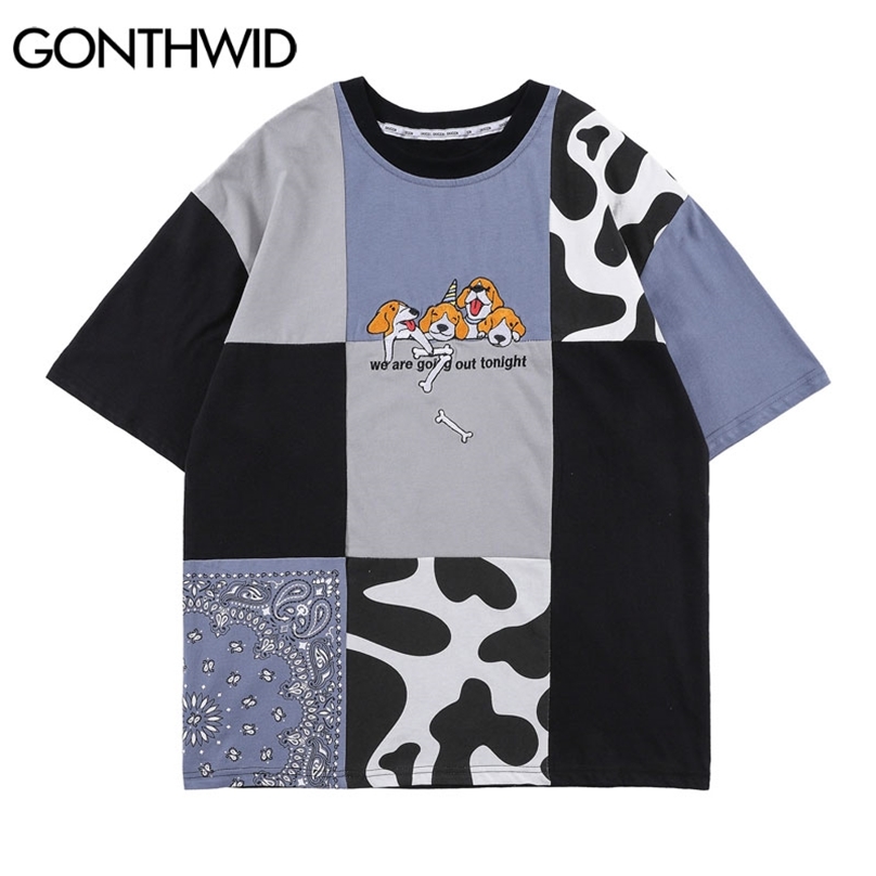 

Tshirts Streetwear Funny Embroidery Dogs Color Block Patchwork Tees Shirts Harajuku Fashion Cotton Loose Casual Tops 210602, Multicolor