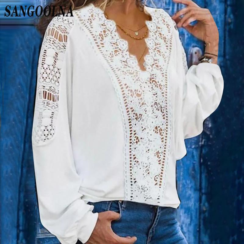 

Women' Blouses & Shirts Vintage Tunic Lady Summer Floral Cotton White Blouse Hollow Out Female Office Ladies Tops Casual Lace Long Sleeve, Black